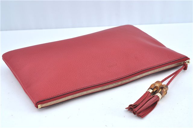 Authentic GUCCI Bamboo Tassel Clutch Hand Bag Leather 449653 Red H7310