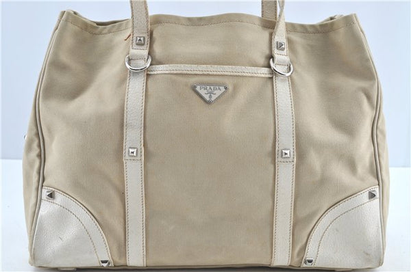 Authentic PRADA Canvas Leather Shoulder Tote Bag Beige H7322