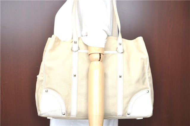 Authentic PRADA Canvas Leather Shoulder Tote Bag Beige H7322