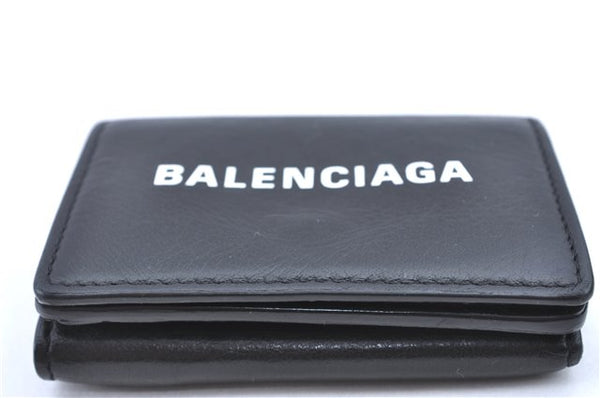 Auth BALENCIAGA Everyday Cash Mini Trifold Wallet Leather 505055 Black H7323