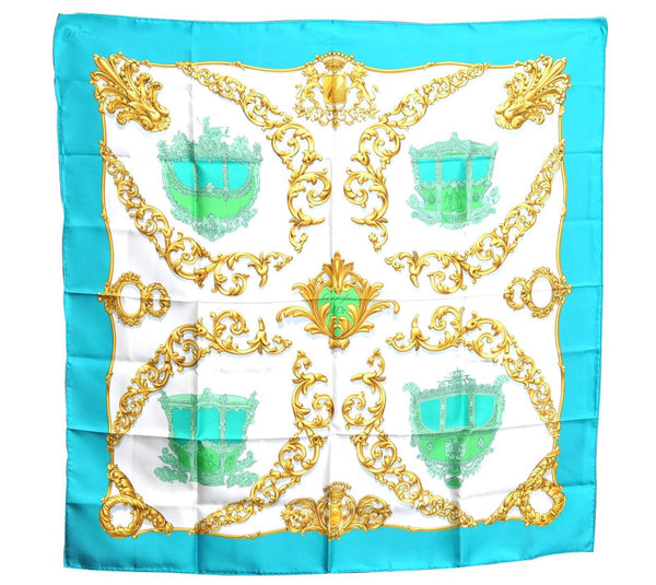 Authentic HERMES Carre 90 Scarf "Carrosses d'Or" Silk Light Blue H7325