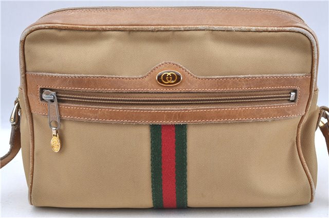 GUCCI Web Sherry Line Shoulder Cross Bag Nylon Leather 010378 Beige H7350