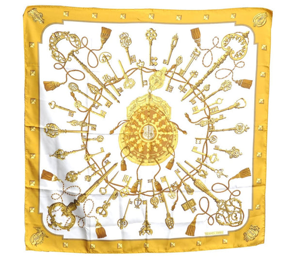 Authentic HERMES Carre 90 Scarf "LES CLES" Silk Yellow H7370