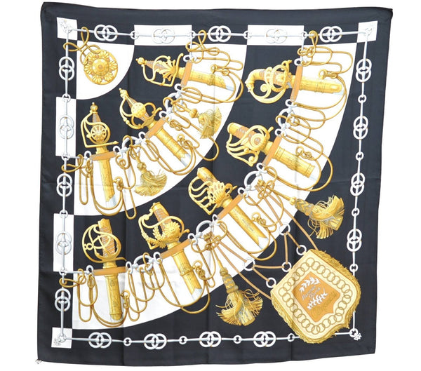 Authentic HERMES Carre 90 Scarf "Cliquetis " Silk Black H7377