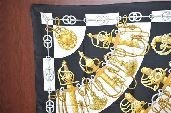 Authentic HERMES Carre 90 Scarf "Cliquetis " Silk Black H7377