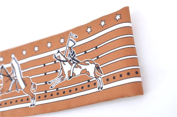 Authentic HERMES Twilly Scarf Silk Horseback Riding Stars Motif Red Brown H7390