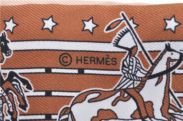 Authentic HERMES Twilly Scarf Silk Horseback Riding Stars Motif Red Brown H7390