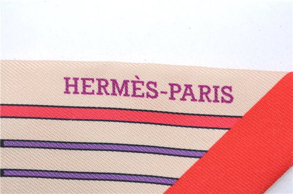 Authentic HERMES Twilly Scarf Silk Horseback Riding Stars Motif Red Brown H7390