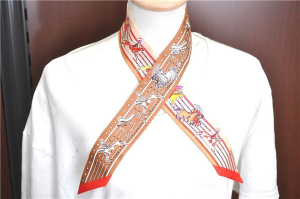 Authentic HERMES Twilly Scarf Silk Horseback Riding Stars Motif Red Brown H7390