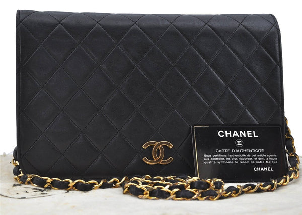 Authentic CHANEL Lamb Skin Matelasse Chain Shoulder Bag Black CC H7398