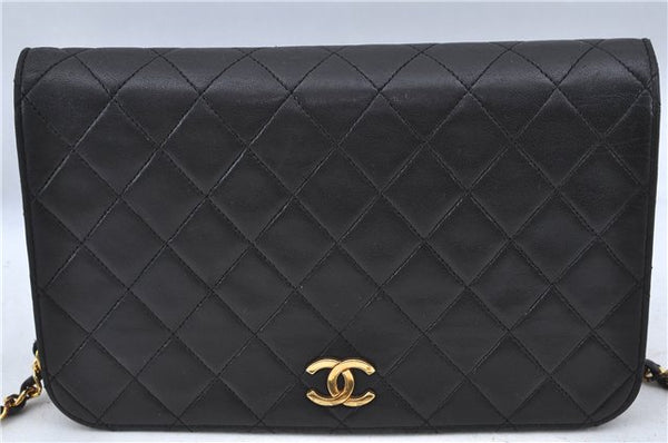 Authentic CHANEL Lamb Skin Matelasse Chain Shoulder Bag Black CC H7398