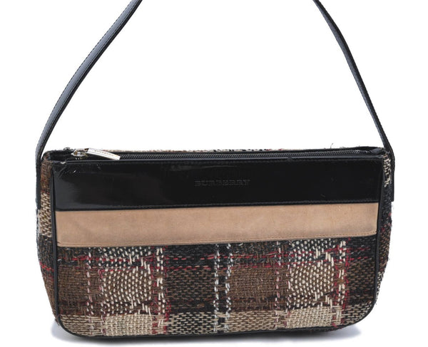 Authentic BURBERRY Vintage Check Wool Enamel Shoulder Hand Bag Brown Beige H7407