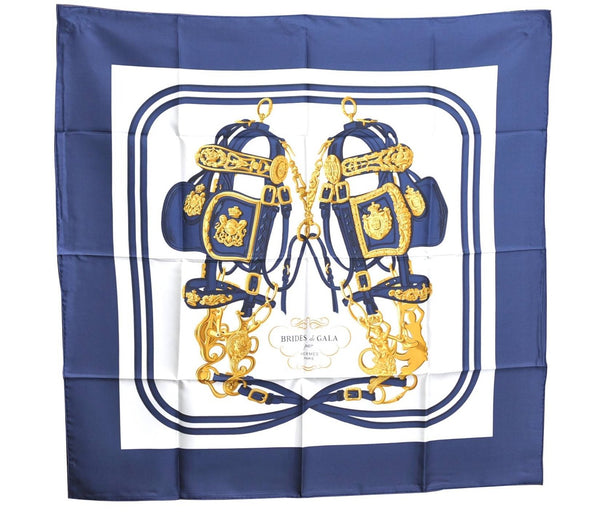 Authentic HERMES Carre 90 Scarf "BRIDES de GALA par" Silk Blue Navy Box H7493