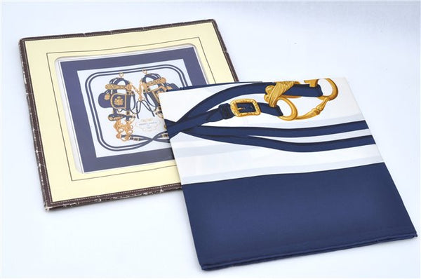 Authentic HERMES Carre 90 Scarf "BRIDES de GALA par" Silk Blue Navy Box H7493