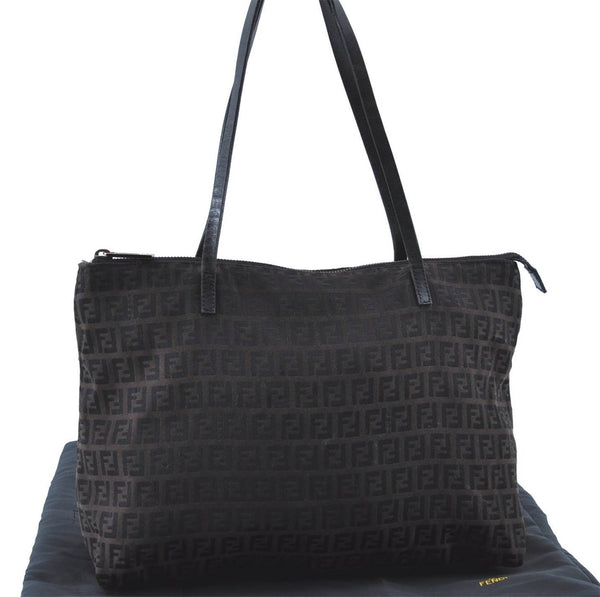 Authentic FENDI Zucchino Shoulder Tote Bag Canvas Leather Brown Black H7609