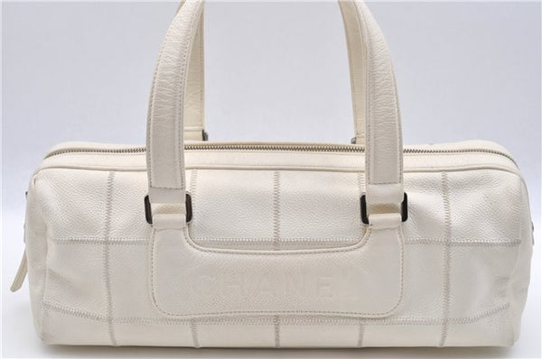 Authentic CHANEL Caviar Skin Chocolate Bar Shoulder Hand Bag Purse White H7683