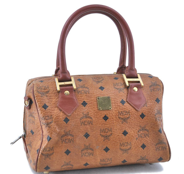 Authentic MCM Visetos Leather Vintage Boston Hand Bag Purse Brown H7732