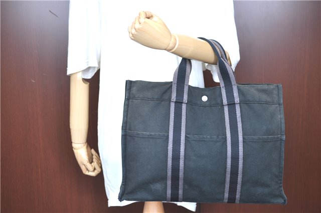 Authentic HERMES Fourre Tout MM Hand Tote Bag Cotton Canvas Black H7901