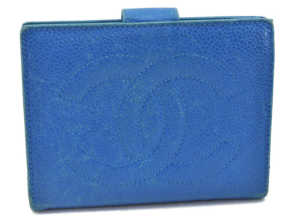 Authentic CHANEL Caviar Skin CC Bifold Wallet Purse Blue H7909