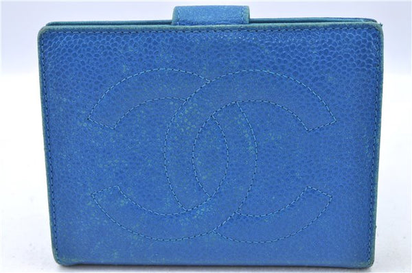 Authentic CHANEL Caviar Skin CC Bifold Wallet Purse Blue H7909