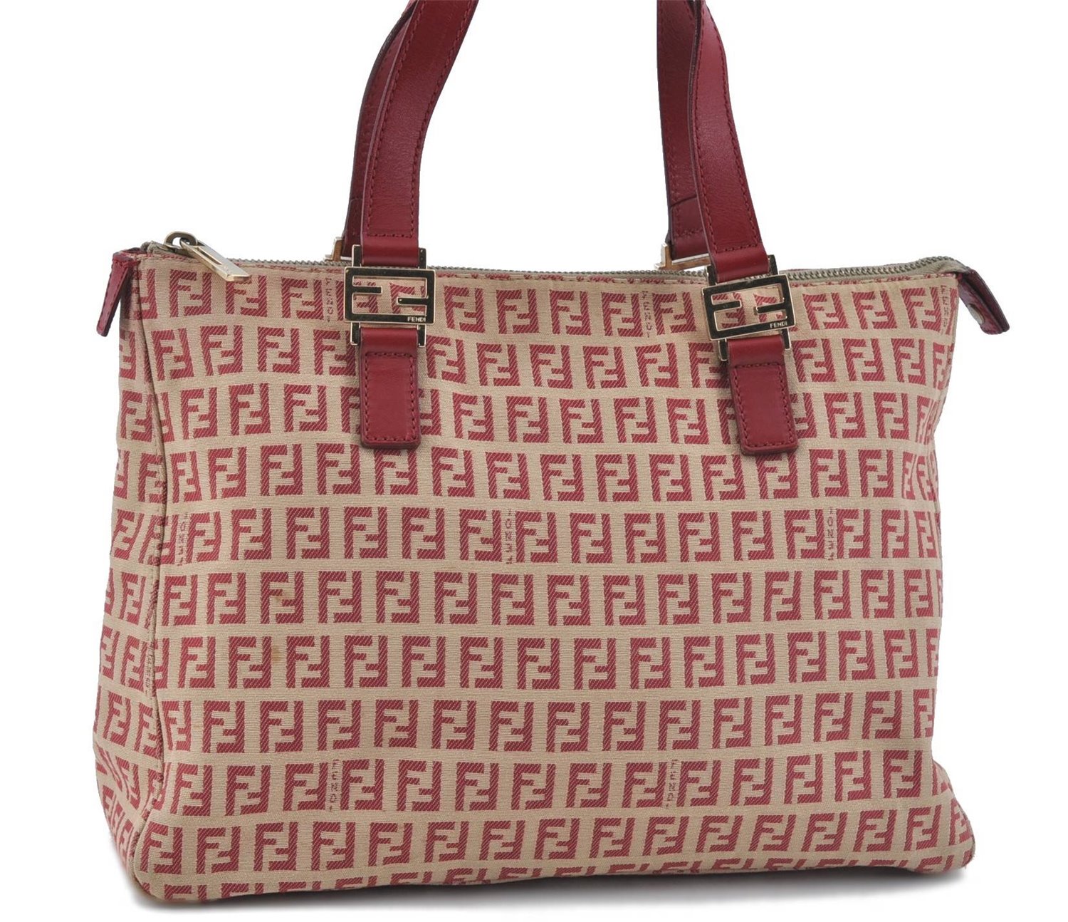 Authentic FENDI Zucchino Hand Tote Bag Canvas Leather Red Beige H7910