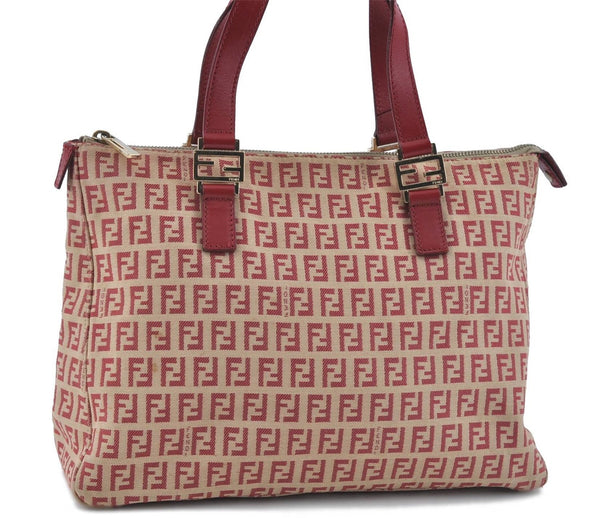 Authentic FENDI Zucchino Hand Tote Bag Canvas Leather Red Beige H7910