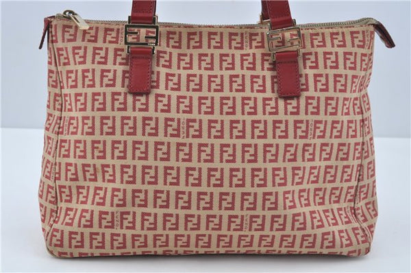 Authentic FENDI Zucchino Hand Tote Bag Canvas Leather Red Beige H7910