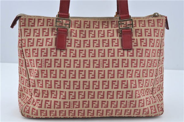 Authentic FENDI Zucchino Hand Tote Bag Canvas Leather Red Beige H7910