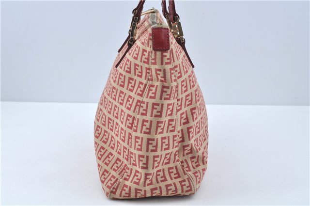 Authentic FENDI Zucchino Hand Tote Bag Canvas Leather Red Beige H7910