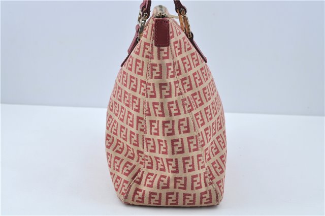 Authentic FENDI Zucchino Hand Tote Bag Canvas Leather Red Beige H7910