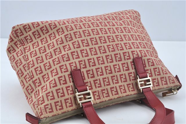 Authentic FENDI Zucchino Hand Tote Bag Canvas Leather Red Beige H7910