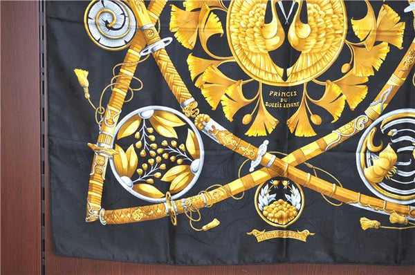 Authentic HERMES Carre 90 Scarf "PRiNCES DU SOLEiLLEVANT" Silk Black H7921