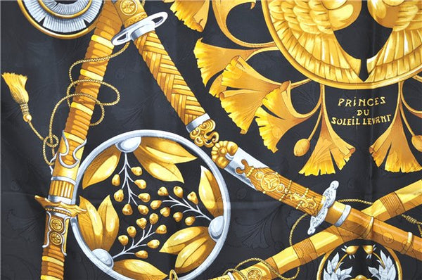 Authentic HERMES Carre 90 Scarf "PRiNCES DU SOLEiLLEVANT" Silk Black H7921