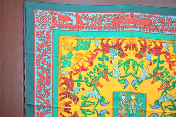 Authentic HERMES Carre 90 Scarf "EARLY AMERICA" Silk Green H7923