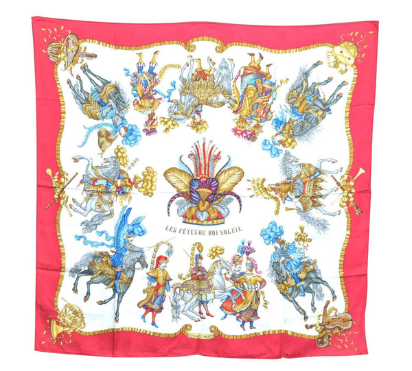 Authentic HERMES Carre 90 Scarf "LES FETES DU ROI SOLEIL" Silk Red H7925