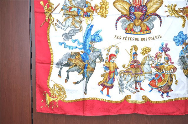 Authentic HERMES Carre 90 Scarf "LES FETES DU ROI SOLEIL" Silk Red H7925