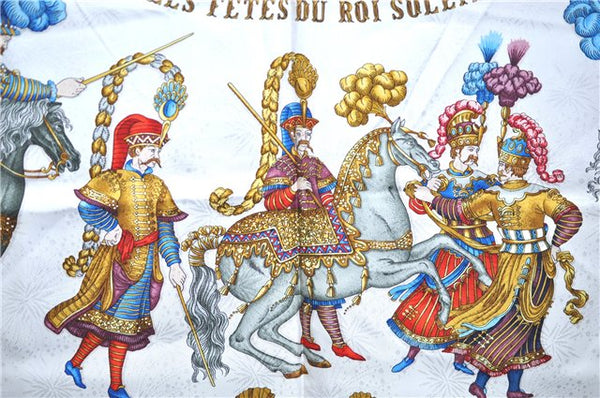 Authentic HERMES Carre 90 Scarf "LES FETES DU ROI SOLEIL" Silk Red H7925