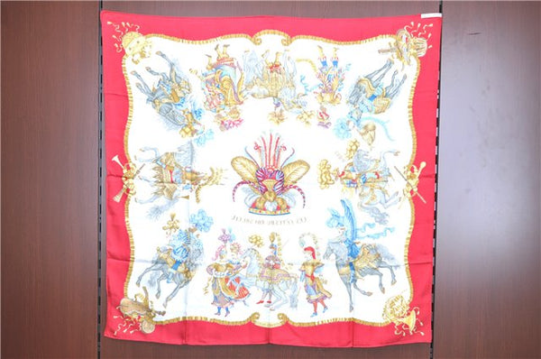 Authentic HERMES Carre 90 Scarf "LES FETES DU ROI SOLEIL" Silk Red H7925