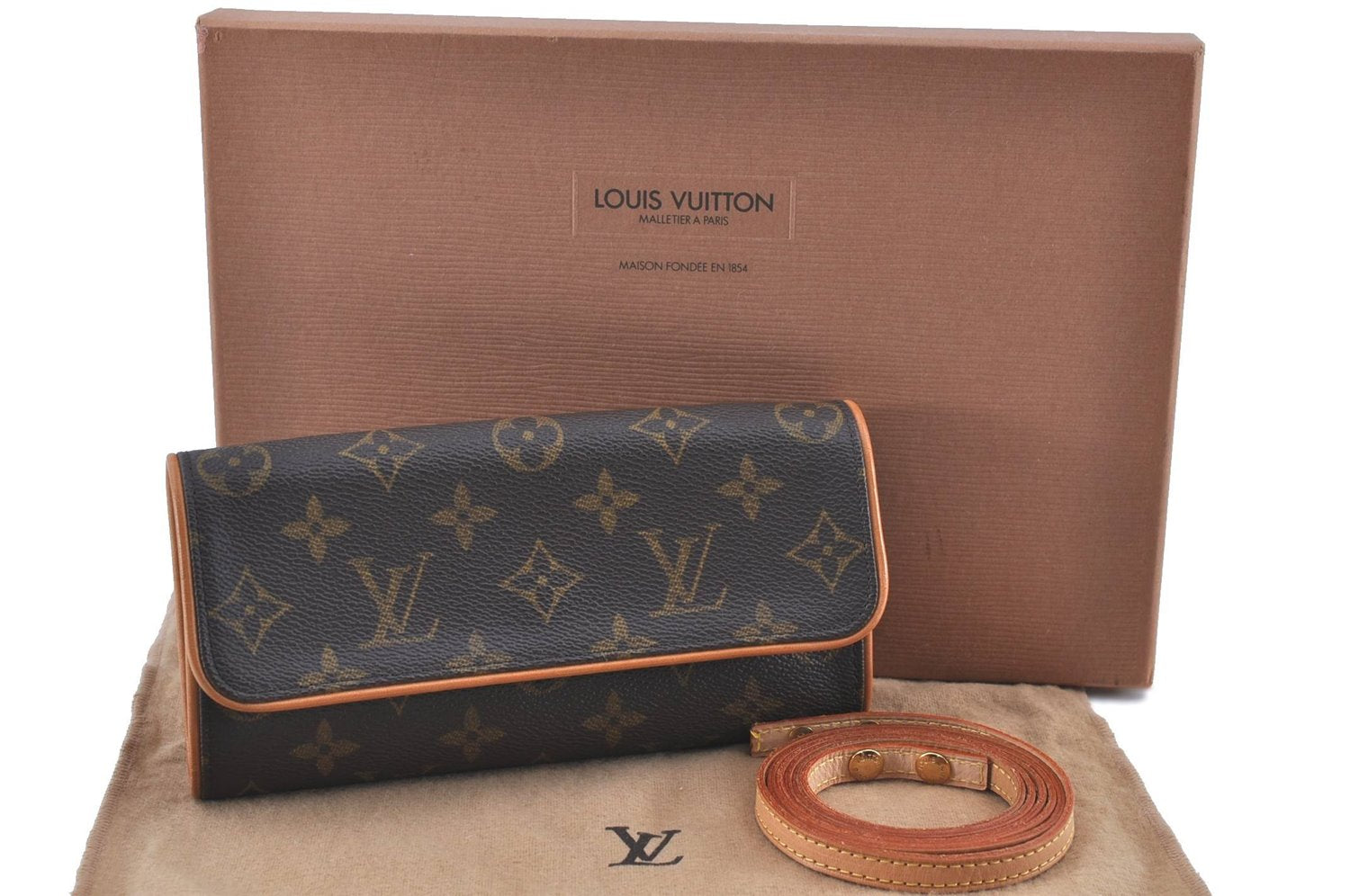 Authentic LOUIS VUITTON Monogram Pochette Twin PM Shoulder Bag M51854 Box H7938