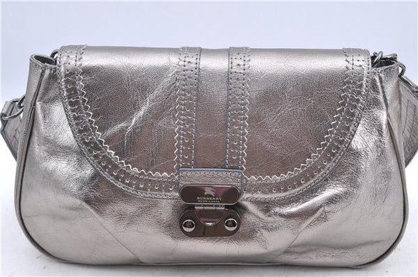 Authentic BURBERRY BLUE LABEL Shoulder Bag Chain Leather Silver H7977