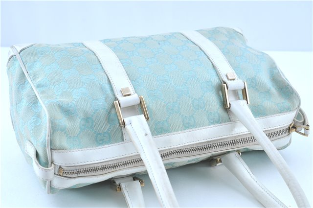 Authentic GUCCI Hand Boston Bag Purse GG Canvas Leather 0000851 Light Blue H8058