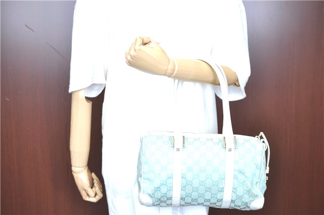 Authentic GUCCI Hand Boston Bag Purse GG Canvas Leather 0000851 Light Blue H8058