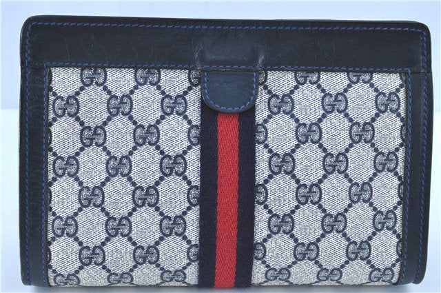 Authentic GUCCI Sherry Line Clutch Bag Purse GG PVC Leather Navy Blue  H8060