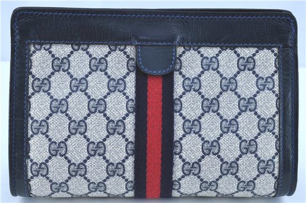 Authentic GUCCI Sherry Line Clutch Bag Purse GG PVC Leather Navy Blue  H8060