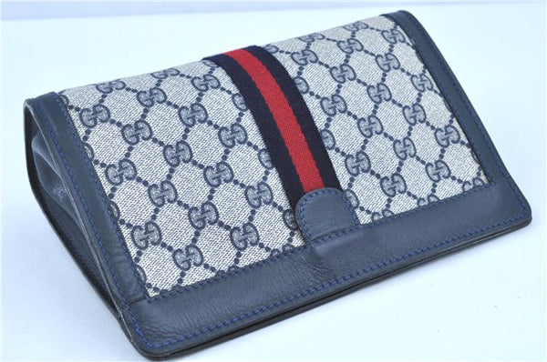 Authentic GUCCI Sherry Line Clutch Bag Purse GG PVC Leather Navy Blue  H8060