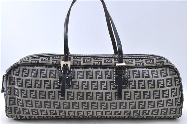 Authentic FENDI Zucchino Hand Bag Canvas Leather Navy Blue H8064