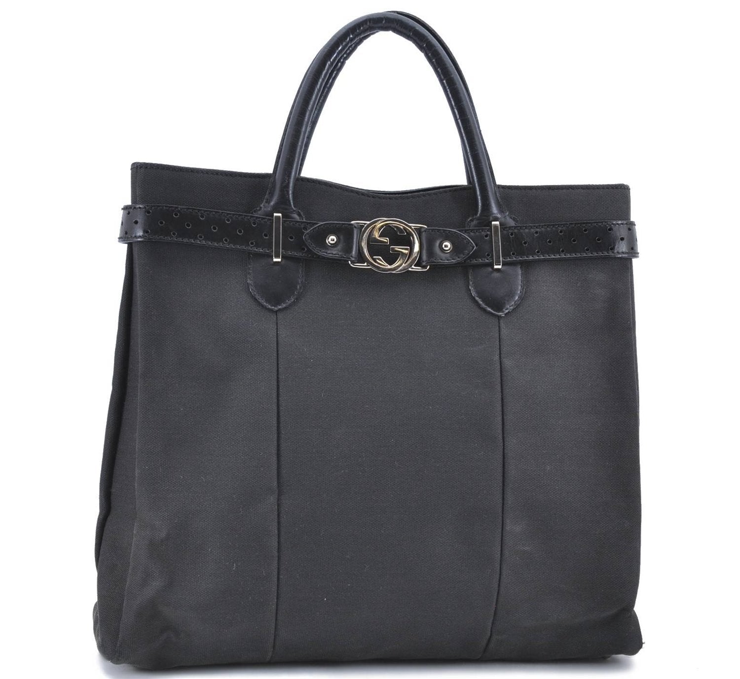 Authentic GUCCI Interlocking G Hand Tote Bag Canvas Leather 114838 Black H8082