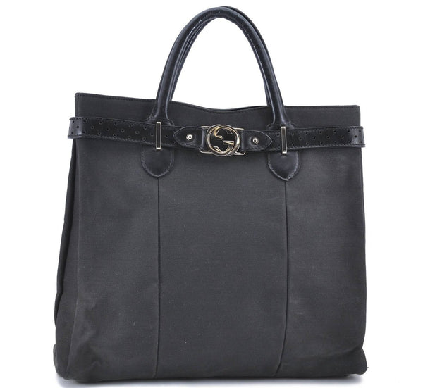 Authentic GUCCI Interlocking G Hand Tote Bag Canvas Leather 114838 Black H8082