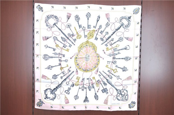 Authentic HERMES Carre 90 Scarf Keys Tassel Motif Silk Light Pink Box H8202