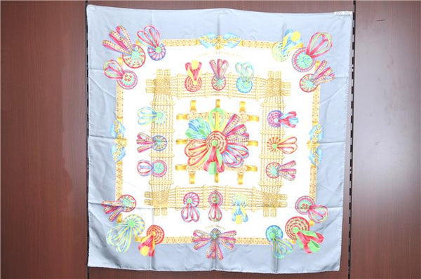 Authentic HERMES Carre 90 Scarf "LES RUBANS DU CHEVAL" Silk Gray H8205